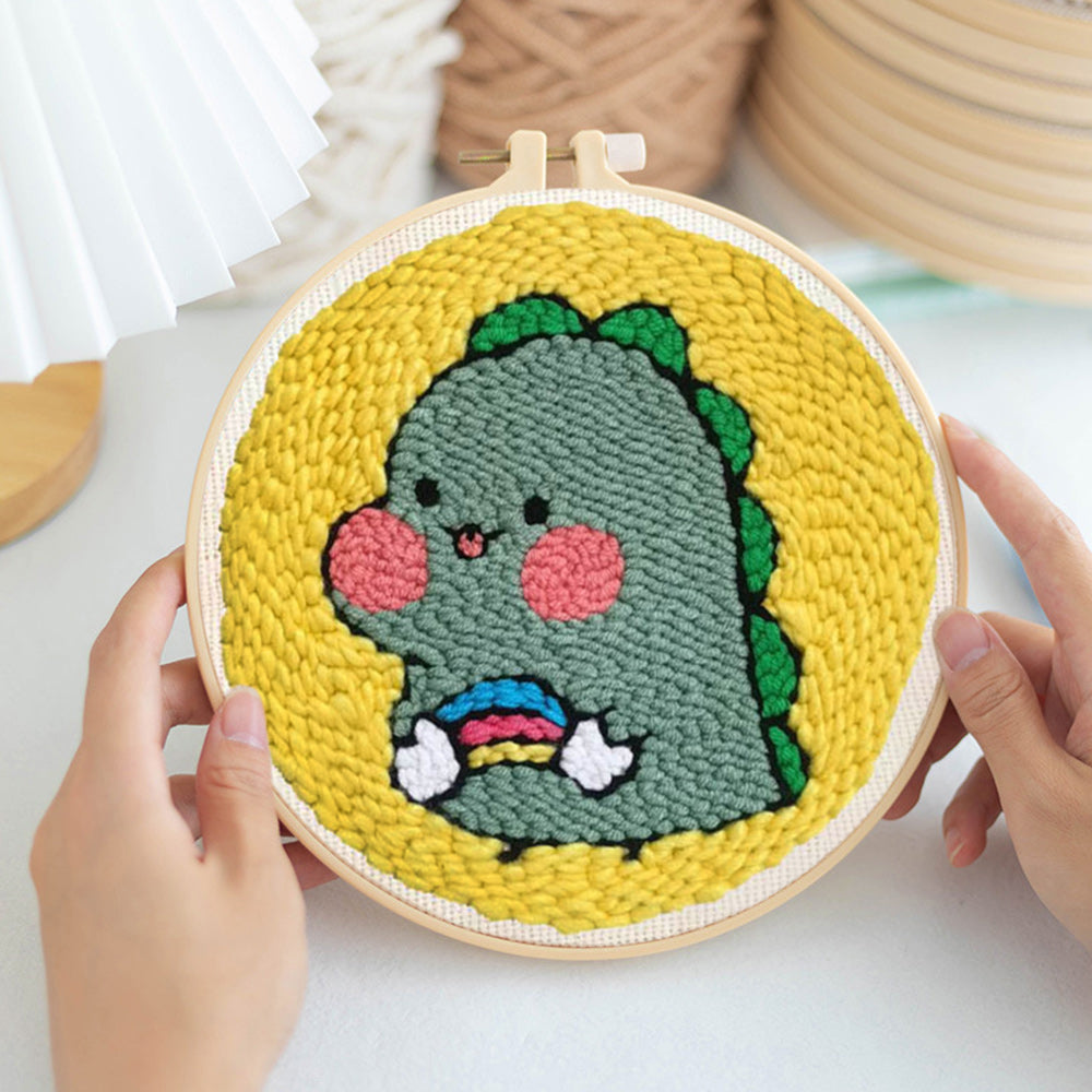 Green Little Dinosaur Punch Needle Embroidery Kits