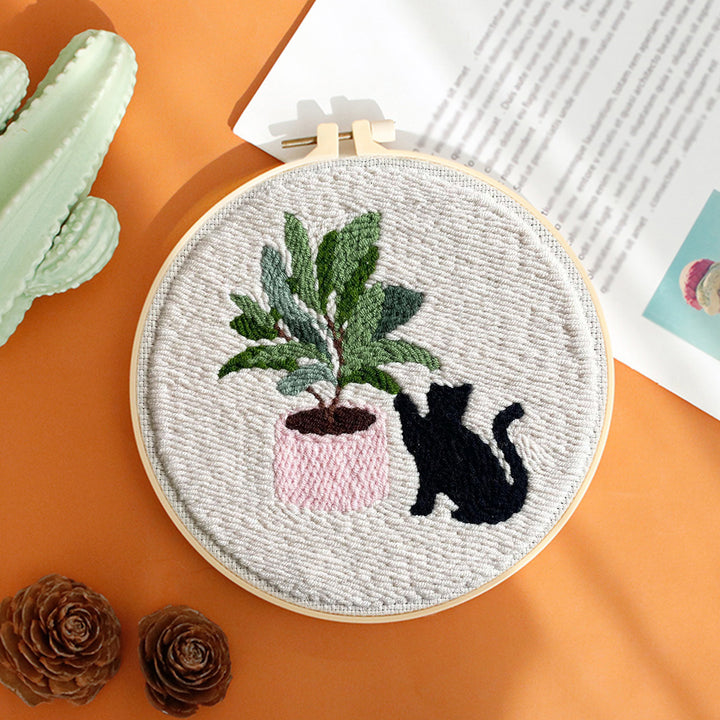 Cats and Green Plants Punch Needle Embroidery Kits
