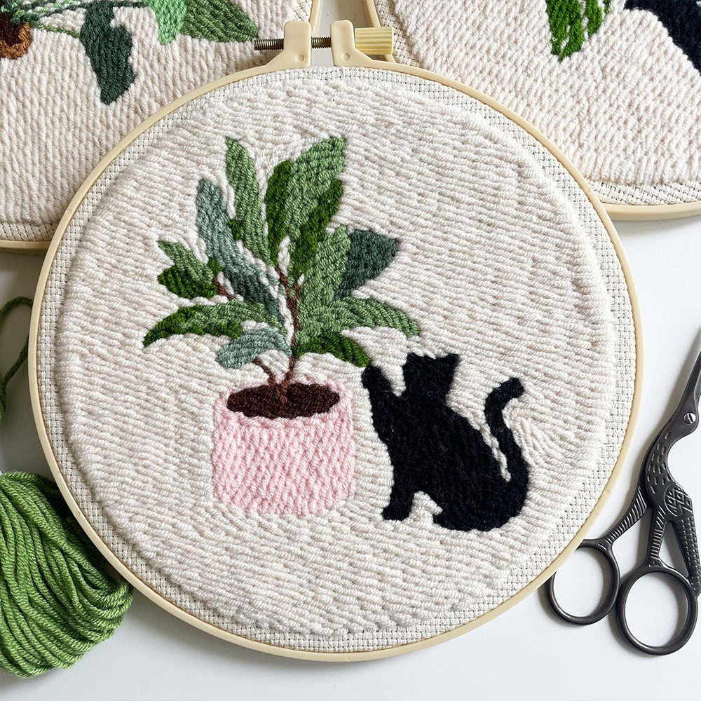 Cats and Green Plants Punch Needle Embroidery Kits
