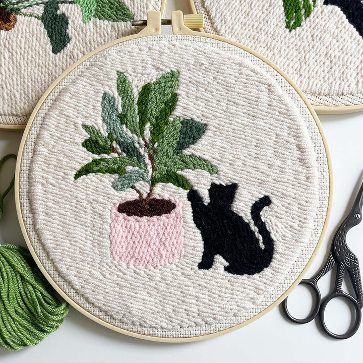 Cats and Green Plants Punch Needle Embroidery Kits