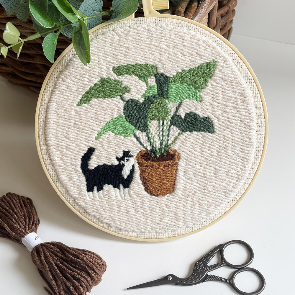 Cat and Potted Plant Punch Needle Embroidery Kits