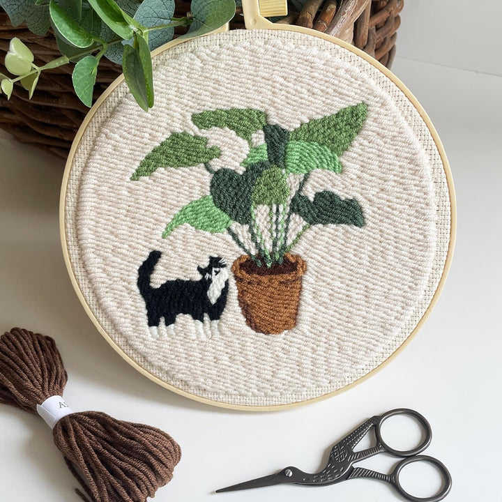 Cat and Potted Plant Punch Needle Embroidery Kits