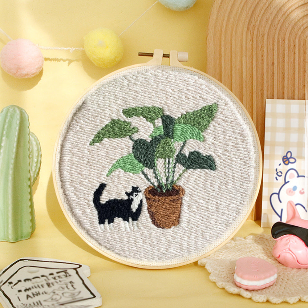 Cat and Potted Plant Punch Needle Embroidery Kits
