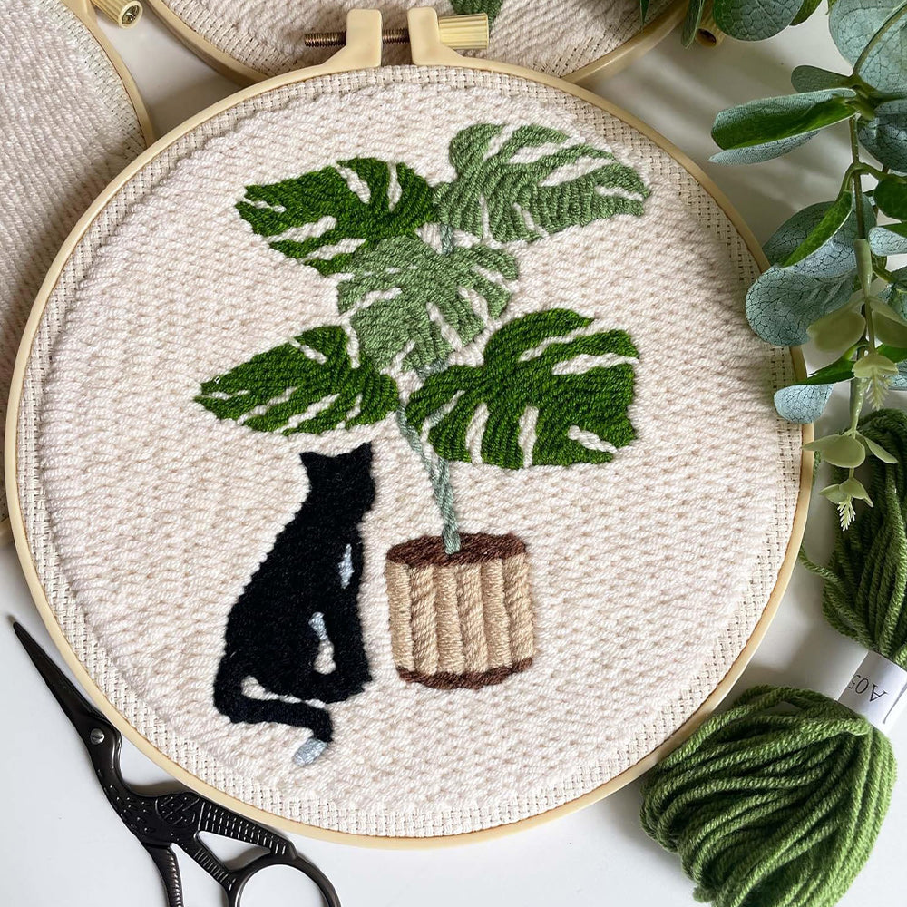 Cat with Monstera Plant Punch Needle Embroidery Kits
