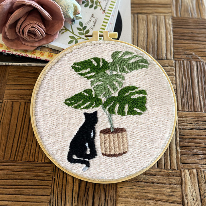 Cat with Monstera Plant Punch Needle Embroidery Kits
