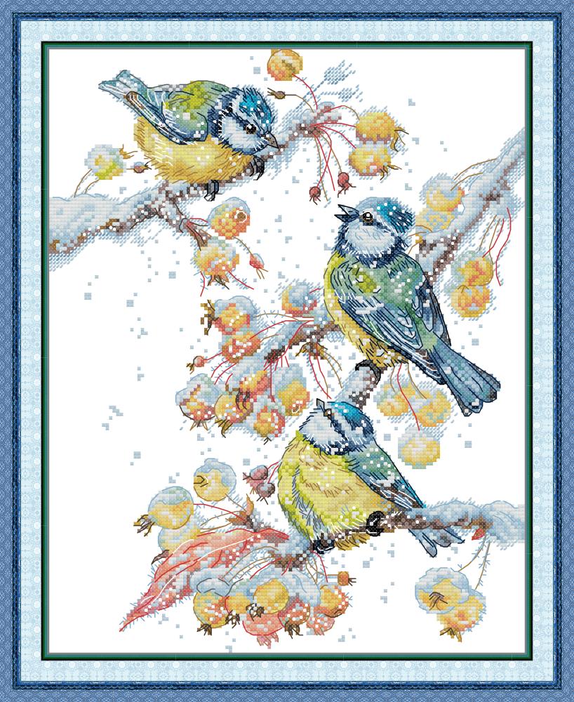 Three Little Birds on A Snowy Branch Cross Stitch Kits