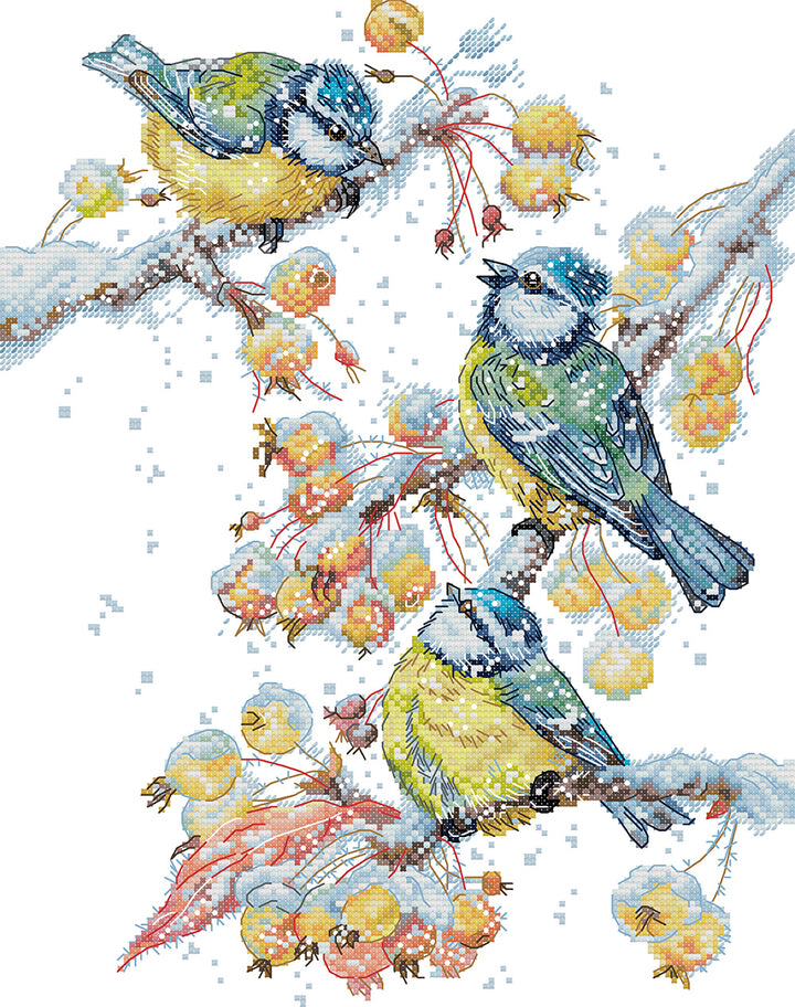Three Little Birds on A Snowy Branch Cross Stitch Kits