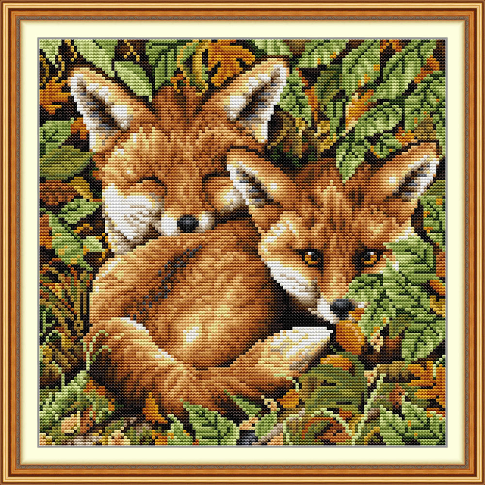 Two Foxes Surrounded by Leaves Cross Stitch Kits