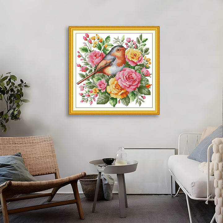 Robin and Flowers Cross Stitch Kits