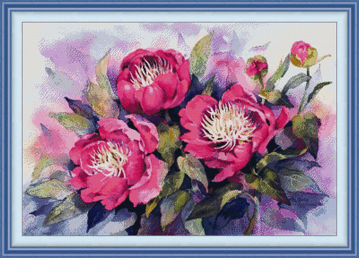 Three Purple Watercolor Peonies Cross Stitch Kits