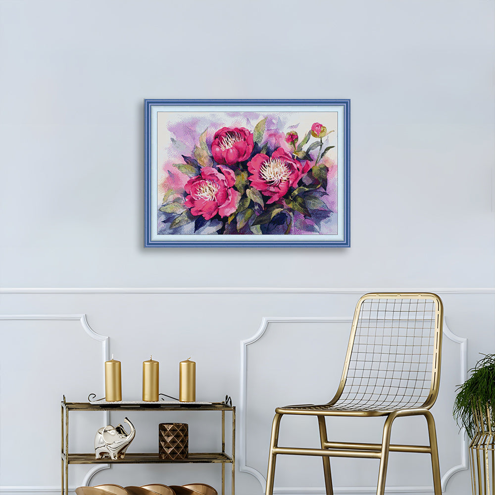Three Purple Watercolor Peonies Cross Stitch Kits