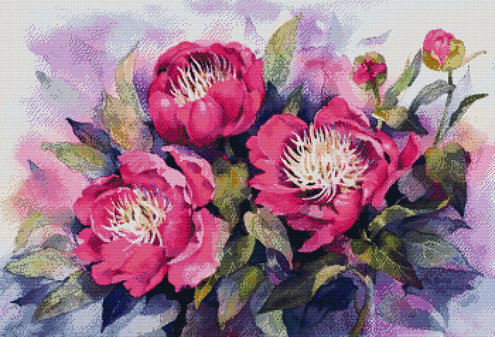 Three Purple Watercolor Peonies Cross Stitch Kits