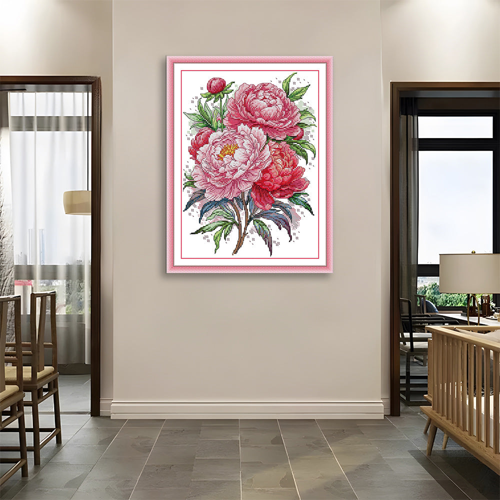 A Branch of Red Peony Flowers Cross Stitch Kits