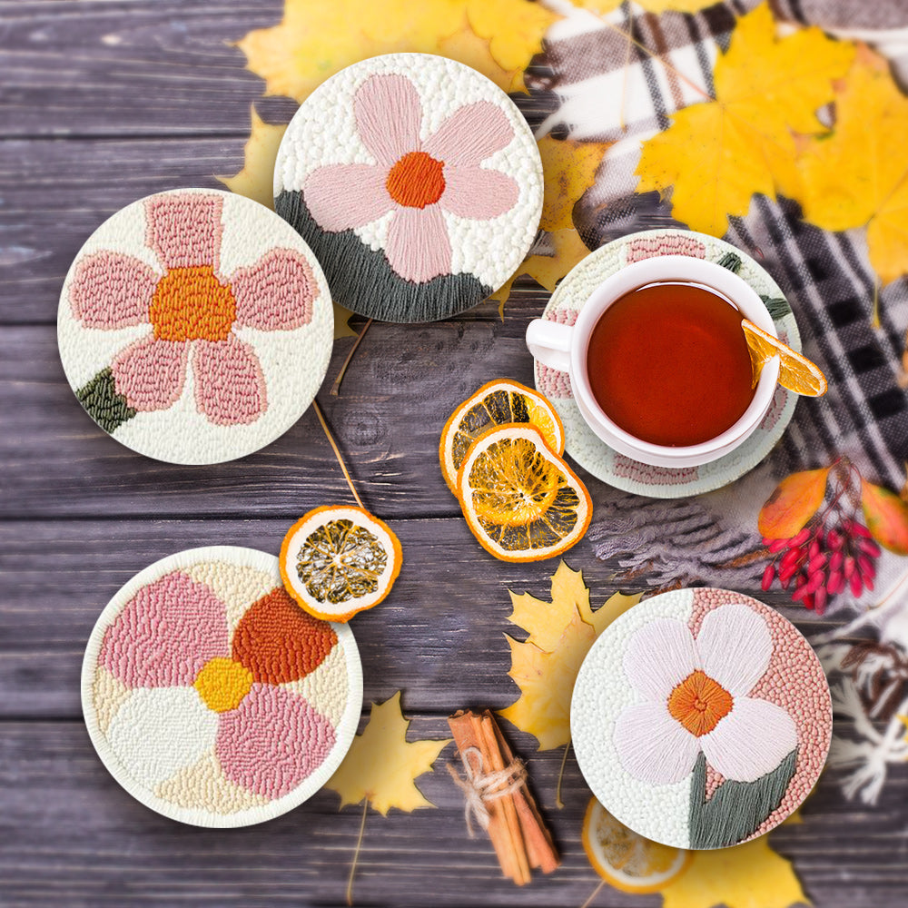 Pink flowers Punch Needle Coasters Kits 6 Pack