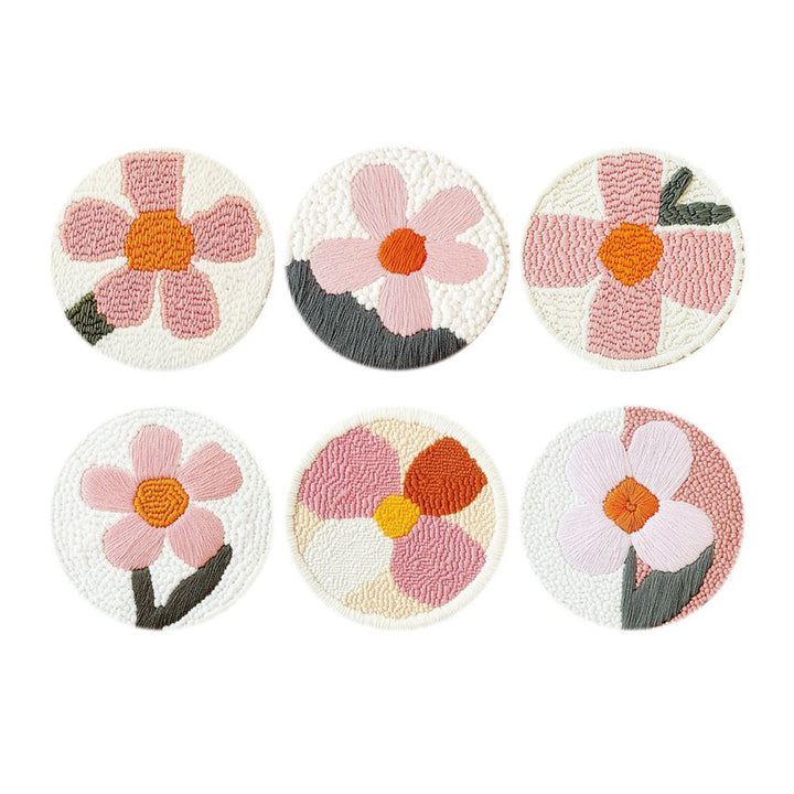 Pink flowers Punch Needle Coasters Kits 6 Pack