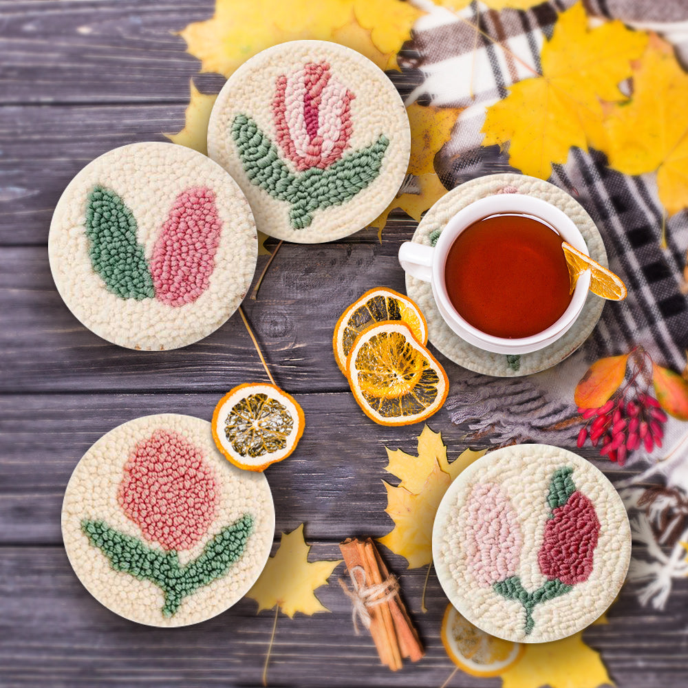 Pink Buds Punch Needle Coasters Kits 6 Pack