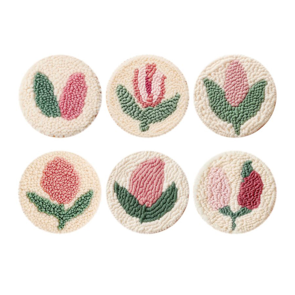 Pink Buds Punch Needle Coasters Kits 6 Pack