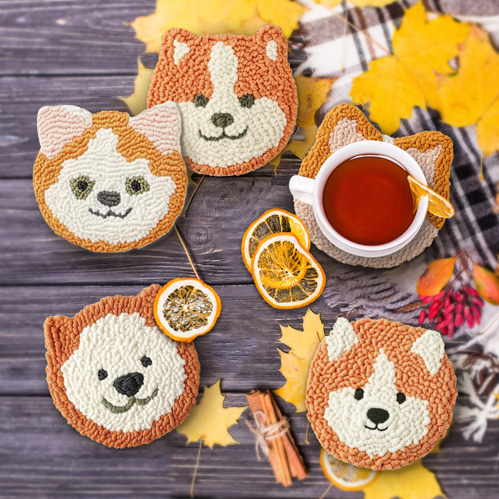 Cute Shiba Inu Punch Needle Coasters Kits 6 Pack