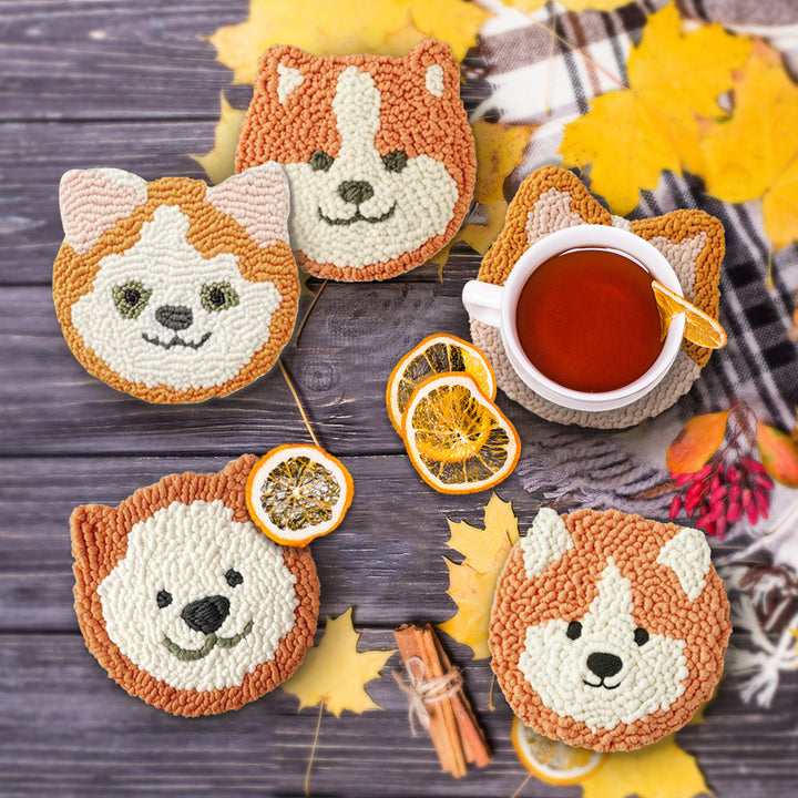 Cute Shiba Inu Punch Needle Coasters Kits 6 Pack