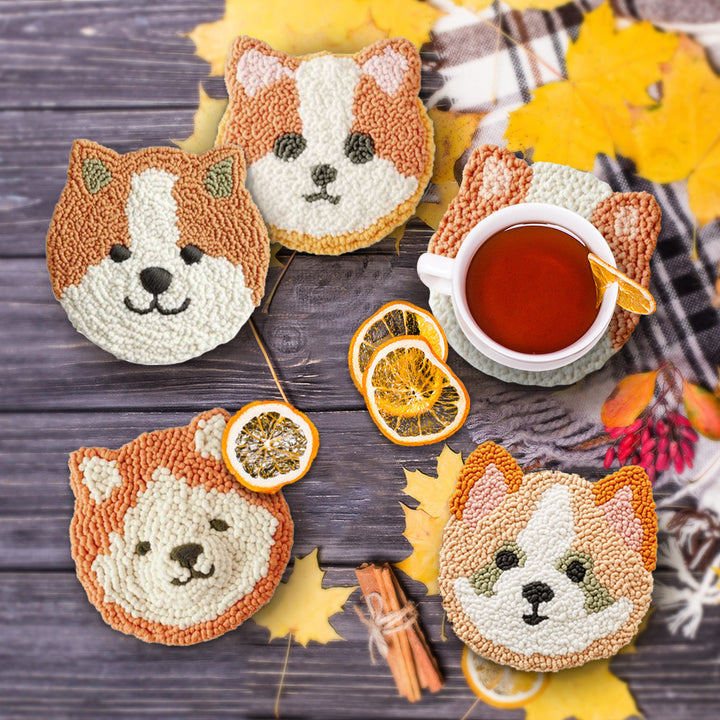 Cute Puppy Punch Needle Coasters Kits 6 Pack