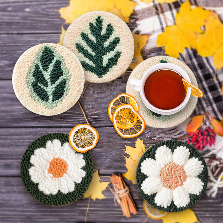 Flowers and Leaves Punch Needle Coasters Kits 6 Pack