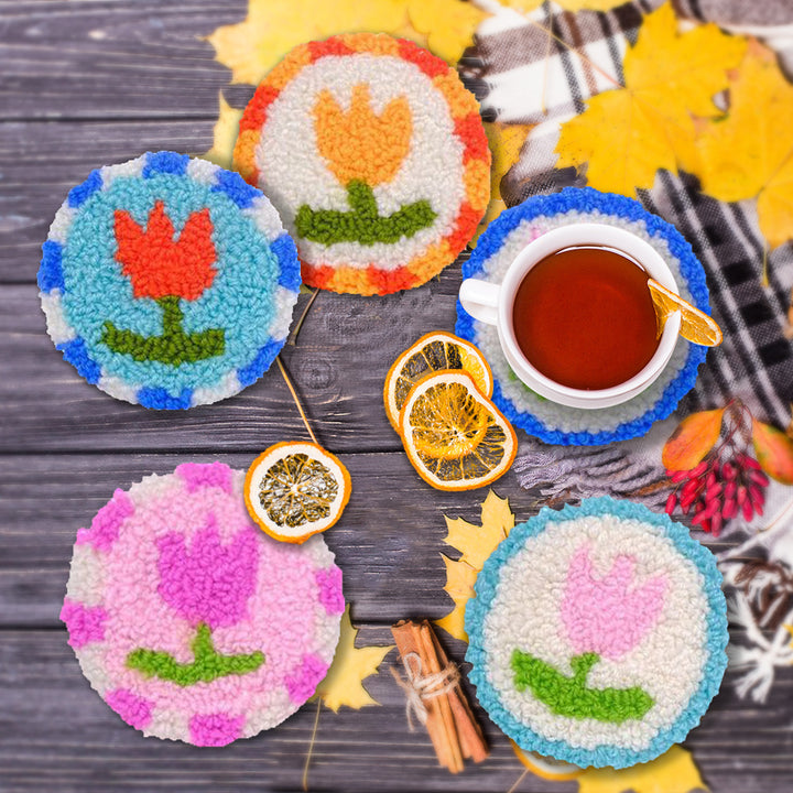 Color Tulips Punch Needle Coasters Kits 6 Pack