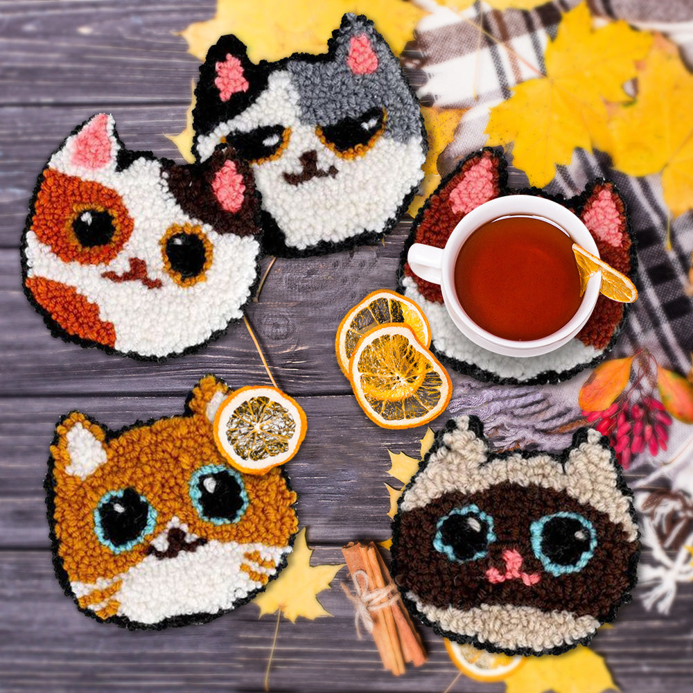 Kitty Punch Needle Coasters Kits 6 Pack