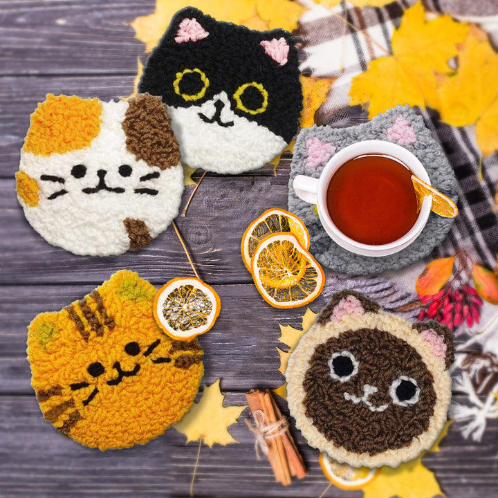 Cute Kitten Punch Needle Coasters Kits 6 Pack