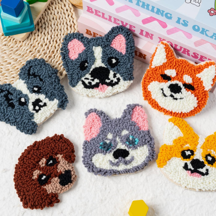 Various Dogs Punch Needle Coasters Kits 6 Pack