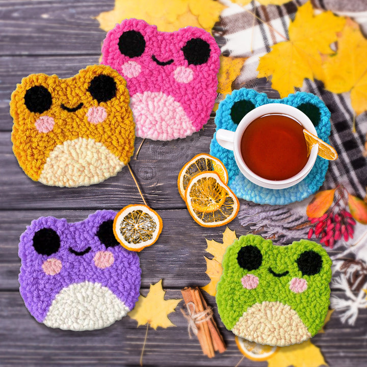 Colorful Frog Punch Needle Coasters Kits 6 Pack