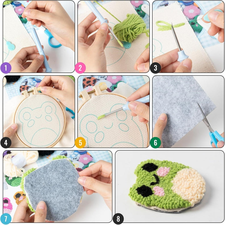 Colorful Frog Punch Needle Coasters Kits 6 Pack
