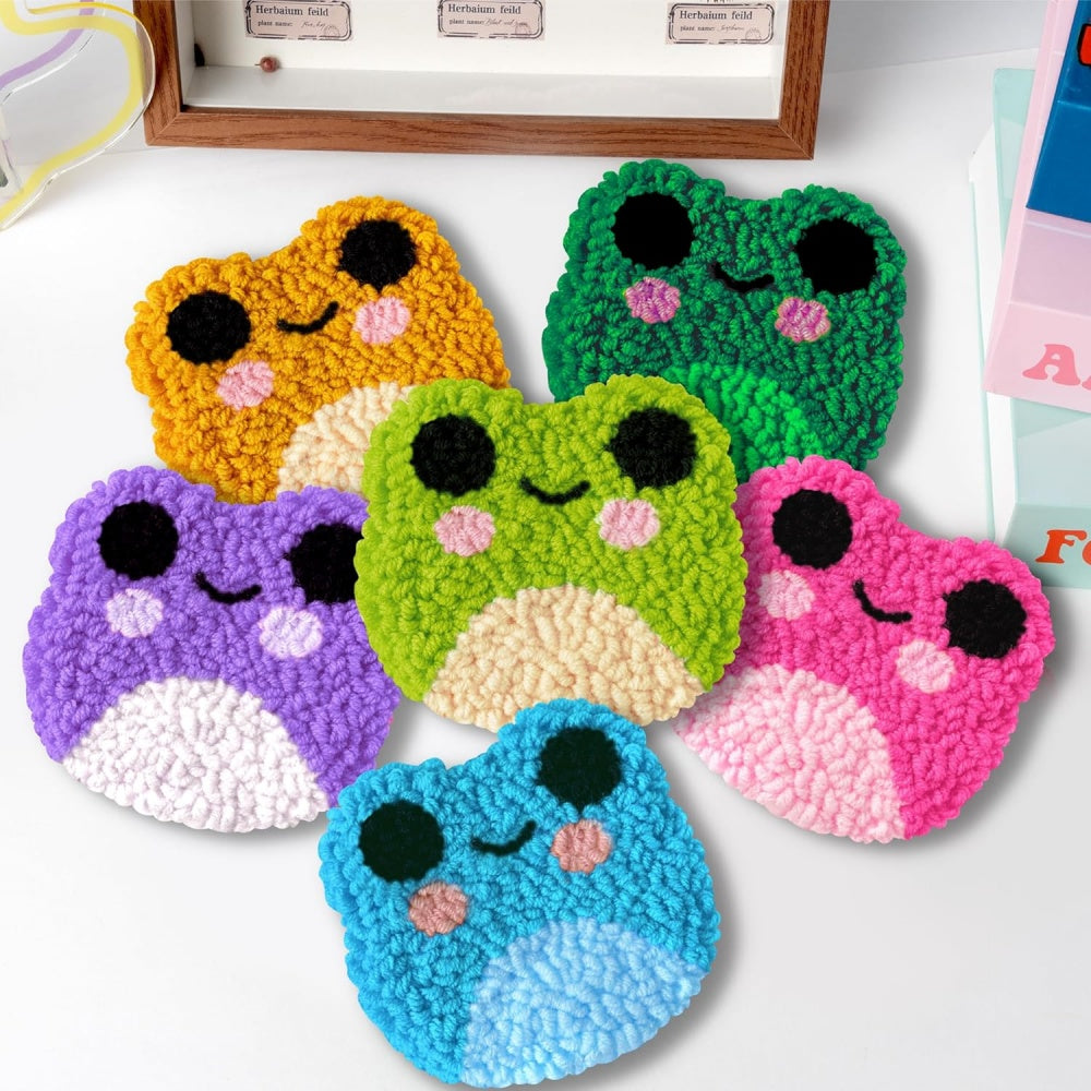 Colorful Frog Punch Needle Coasters Kits 6 Pack