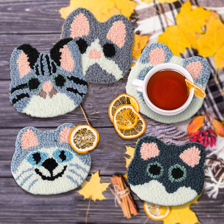 Cute Kitten Punch Needle Coasters Kits 6 Pack