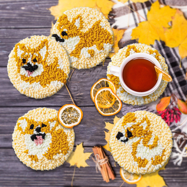 Happy Corgi Punch Needle Coasters Kits 6 Pack