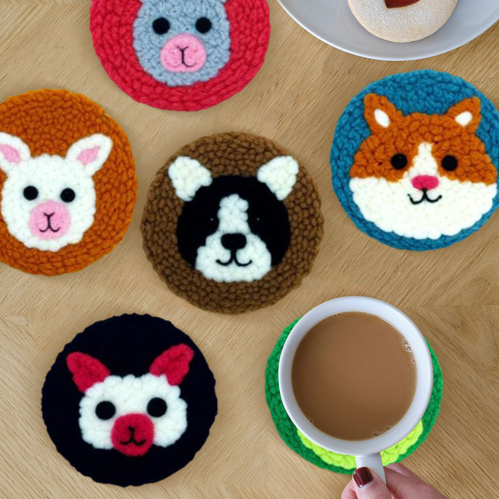 Cute Animals Punch Needle Coasters Kits 6 Pack