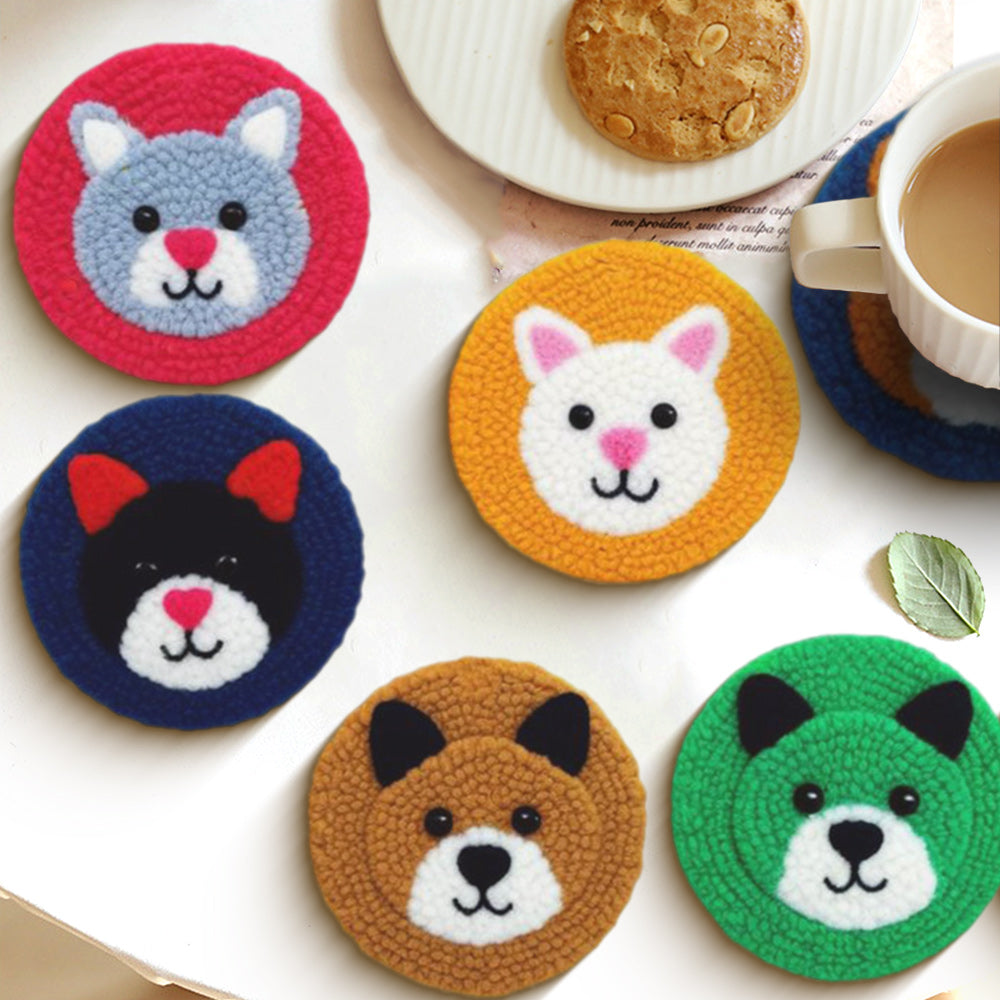 Colorful Cats Punch Needle Coasters Kits 6 Pack