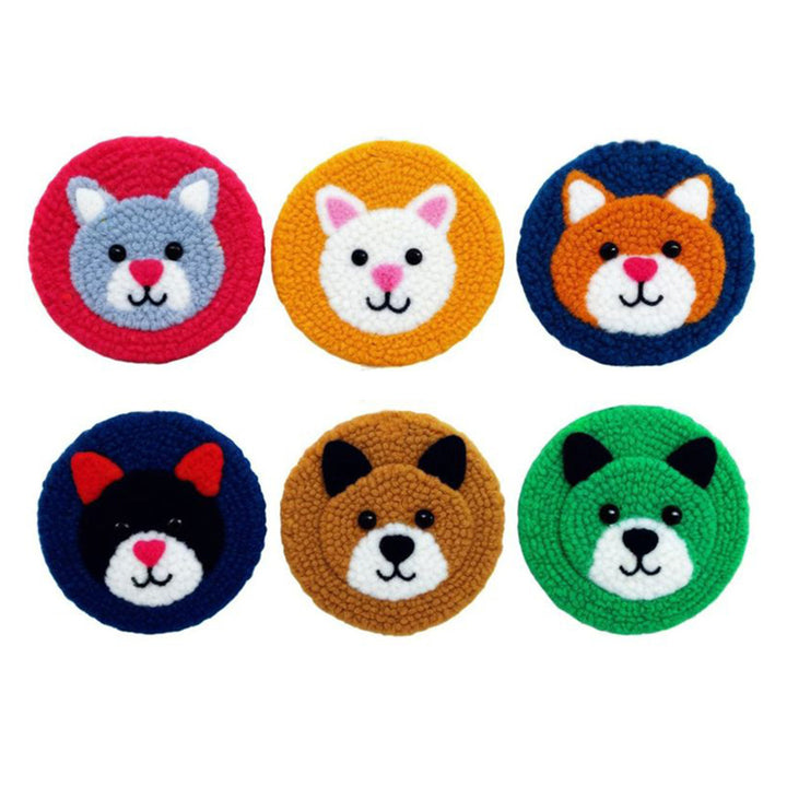 Colorful Cats Punch Needle Coasters Kits 6 Pack