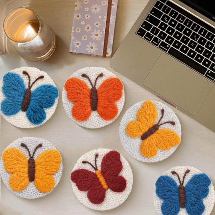 Color Butterfly Punch Needle Coasters Kits 6 Pack