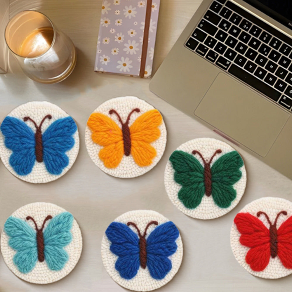Colorful Butterflies Punch Needle Coasters Kits 6 Pack