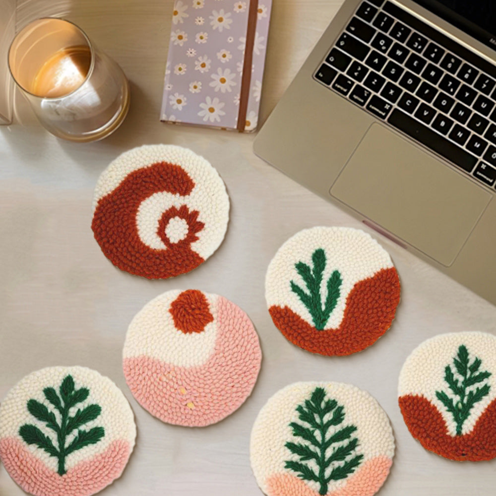 Green Leaf Punch Needle Coasters Kits 6 Pack