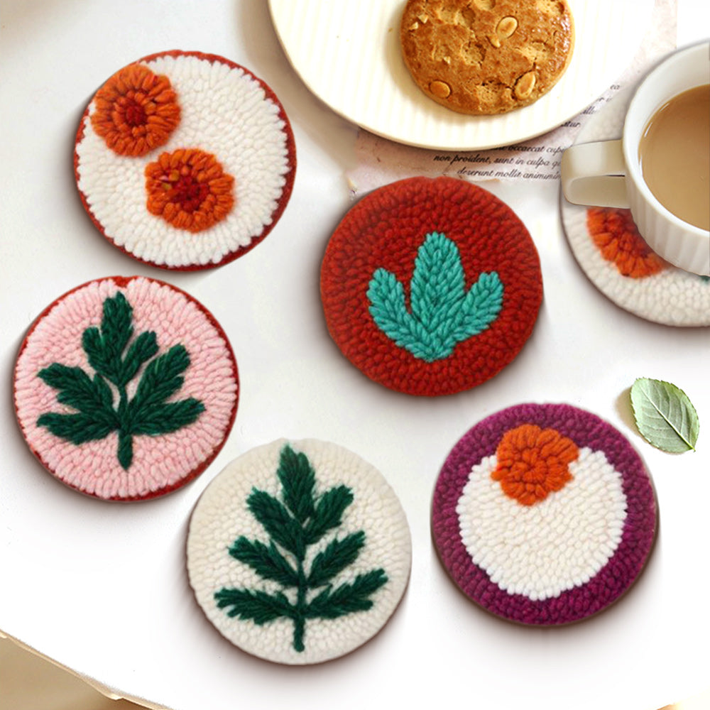 Leaves and Fruits Punch Needle Coasters Kits 6 Pack