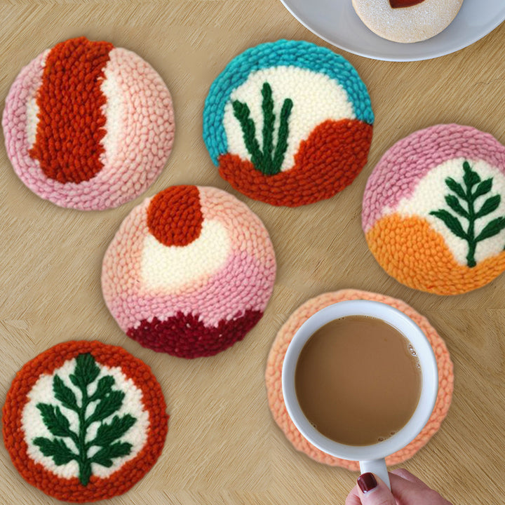 Green Leaves Punch Needle Coasters Kits 6 Pack