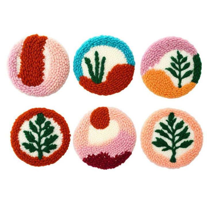 Green Leaves Punch Needle Coasters Kits 6 Pack