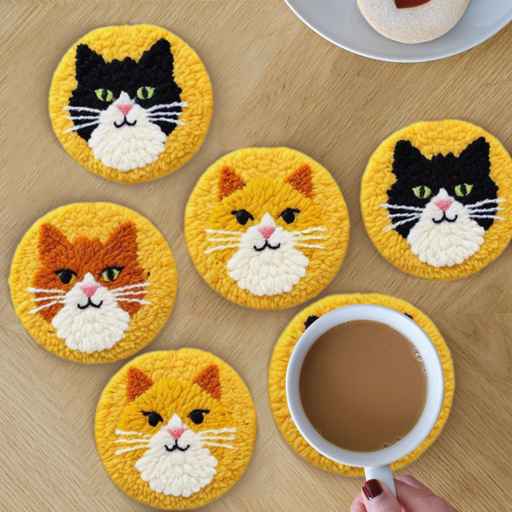 Cute Cat Punch Needle Coasters Kits 6 Pack