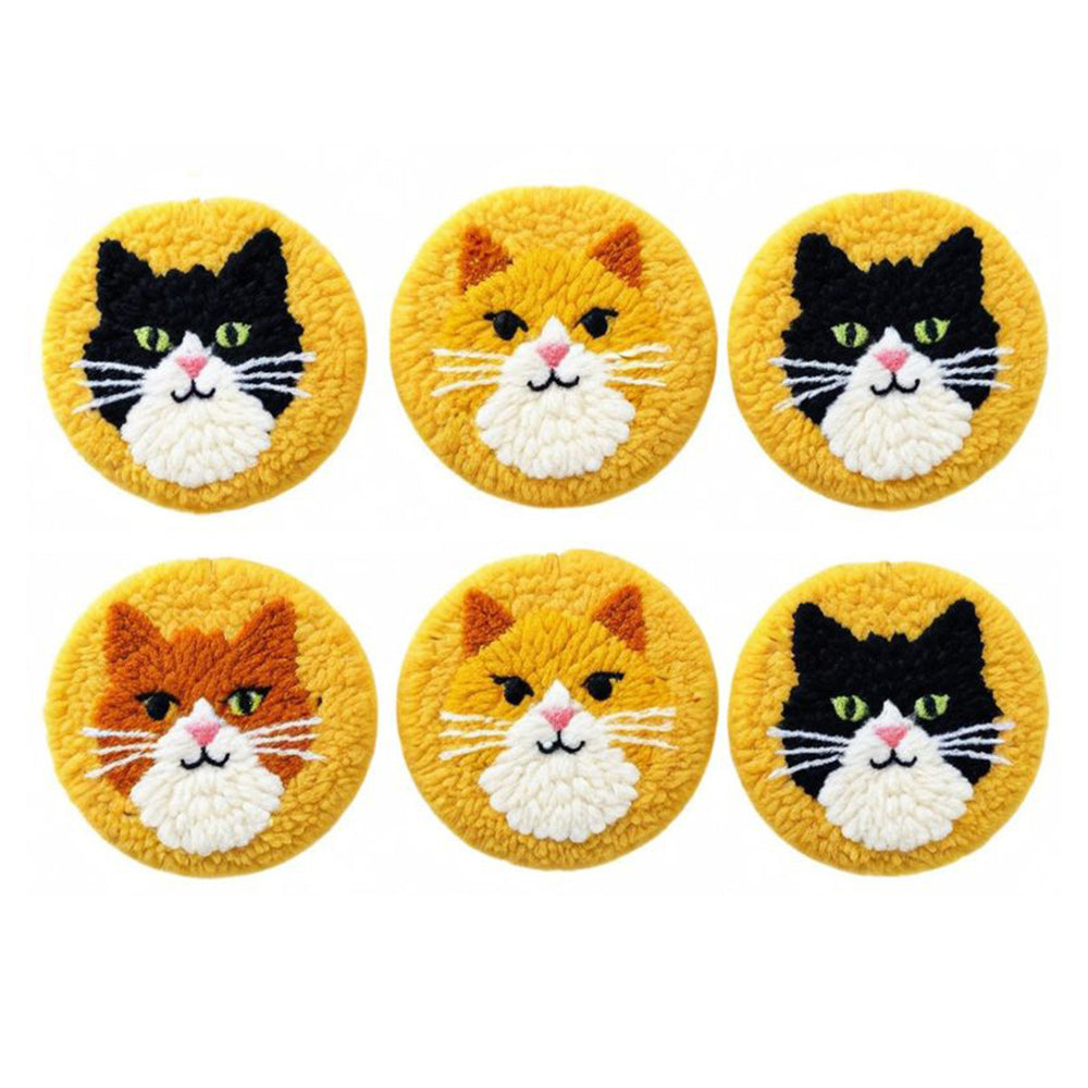 Cute Cat Punch Needle Coasters Kits 6 Pack