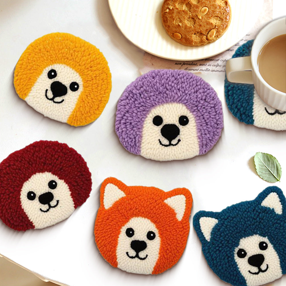 Animal Face Punch Needle Coasters Kits 6 Pack
