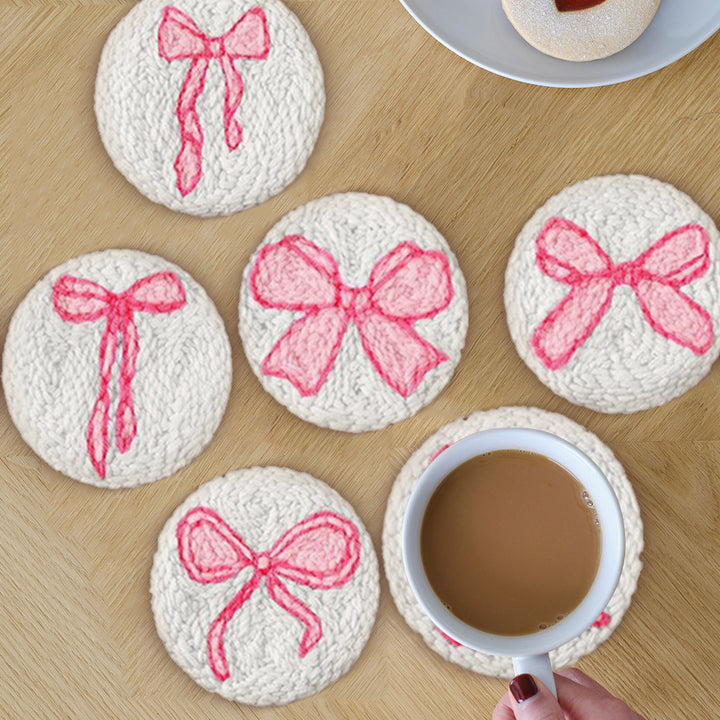 Pink Bow Punch Needle Coasters Kits 6 Pack