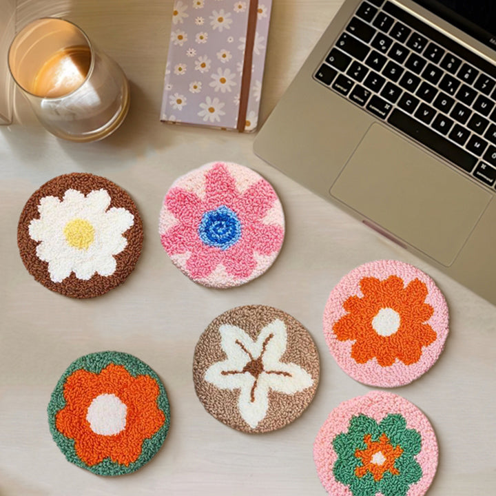 Pretty Flower Punch Needle Coasters Kits 6 Pack