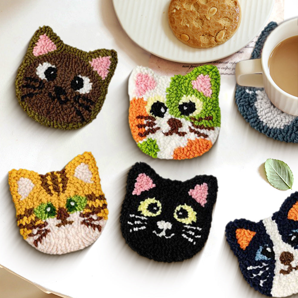 Cat Head Punch Needle Coasters Kits 6 Pack
