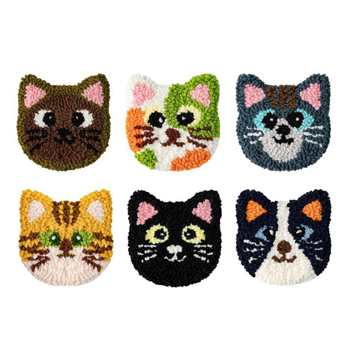 Cat Head Punch Needle Coasters Kits 6 Pack